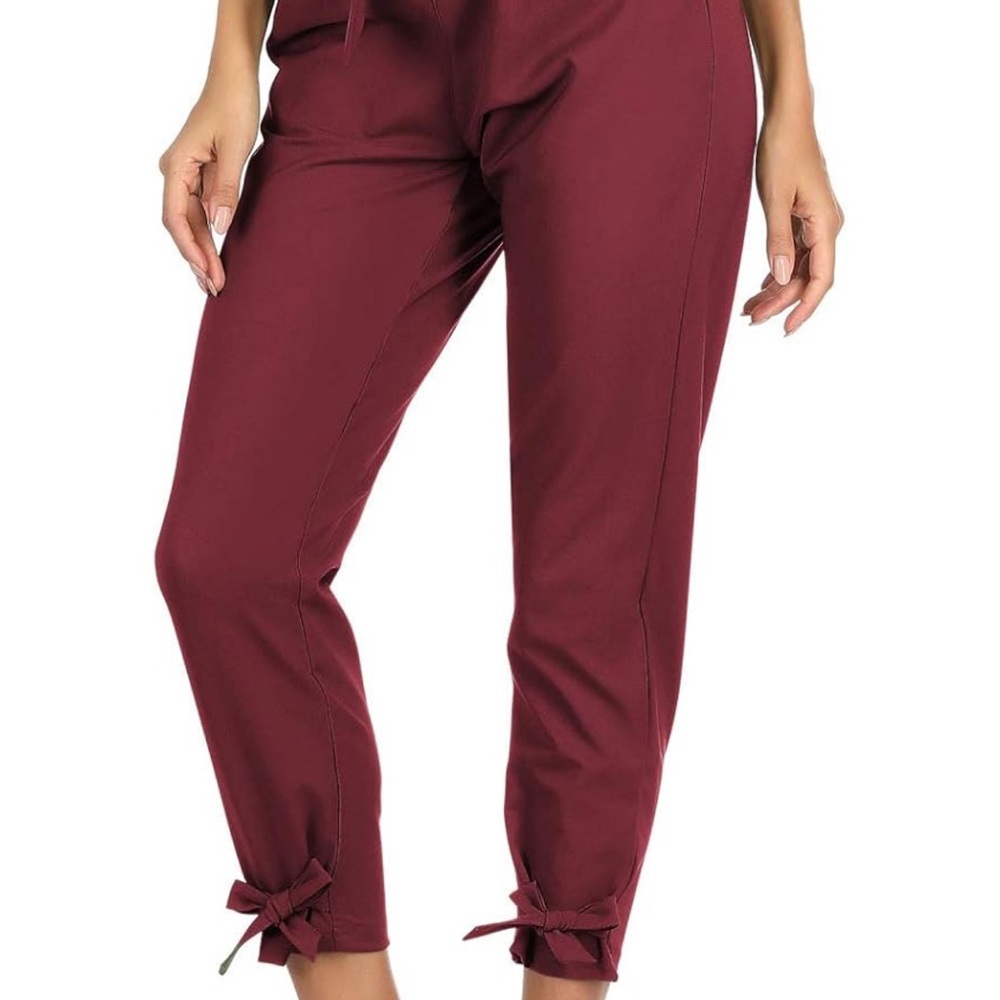 Grace Karin Cropped Pencil Pants Bow Detail Burgundy High Waisted Size L